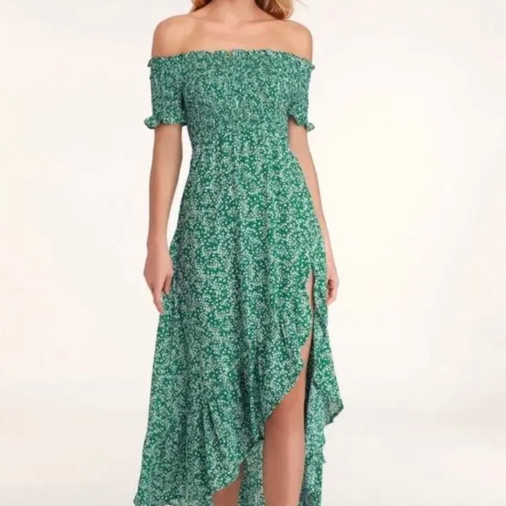 Lulus Fleurtation Floral Print Off Shoulder Long Dress Green SZ M